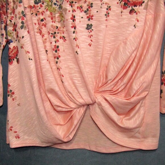 One World Live And Let Live Peach Floral Top Women Size M Twist Front 3/4 Sleeve - Picture 3 of 8